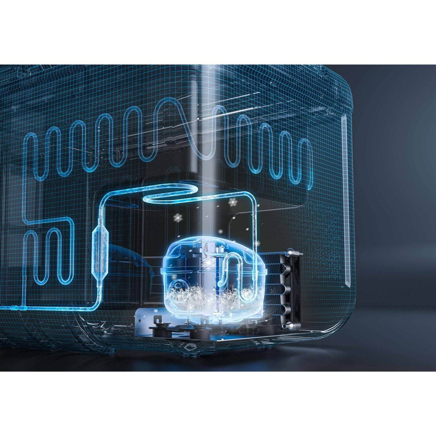 Illustration of the cooling mechanism inside the Travoca Rigel 35 Dual Zone eCooler showcasing its advanced engineering.