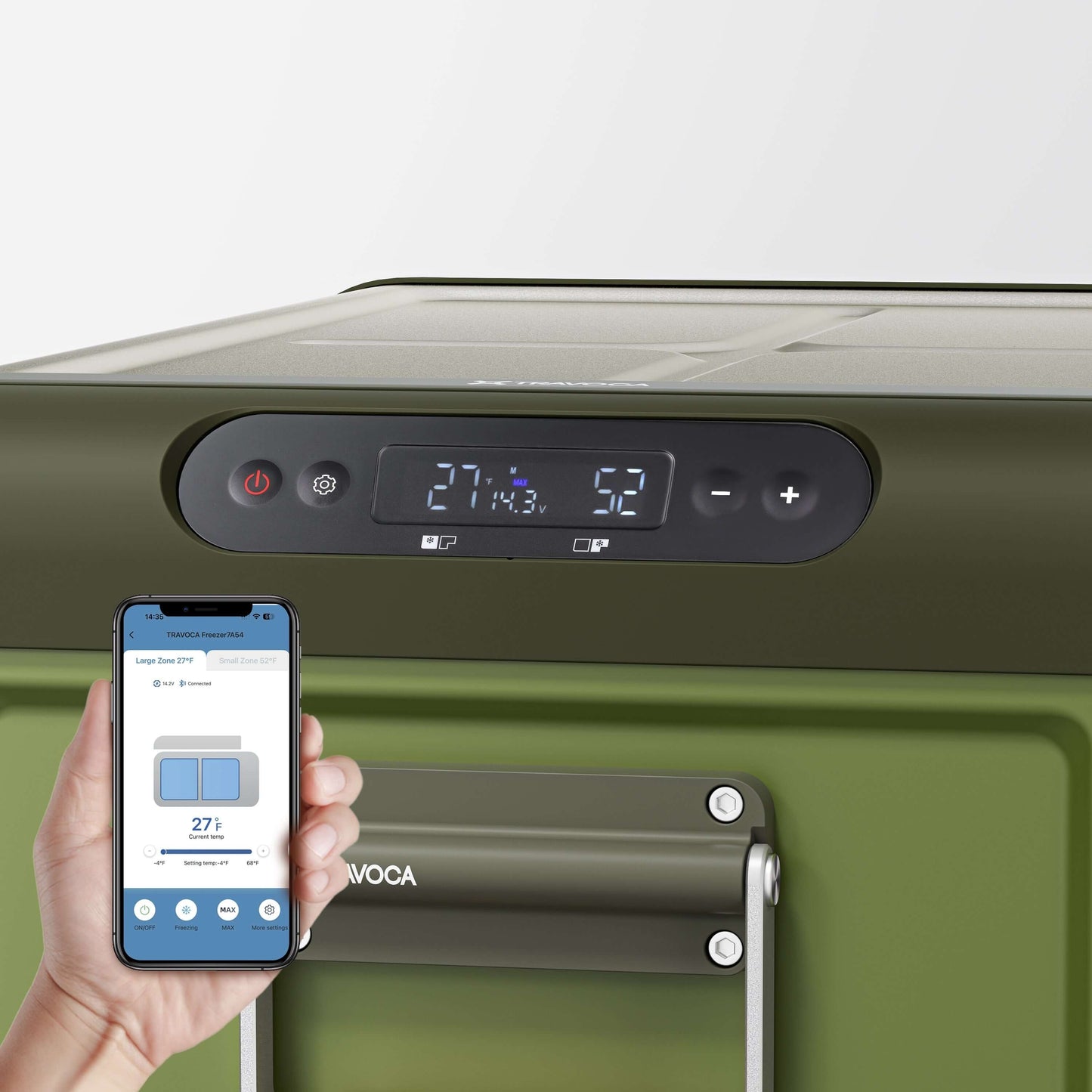 Travoca Rigel 25 dual zone eCooler control panel displayed with mobile app settings.