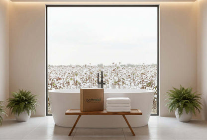 Luxury organic bath towels stacked beside a branded box on a wooden bench.