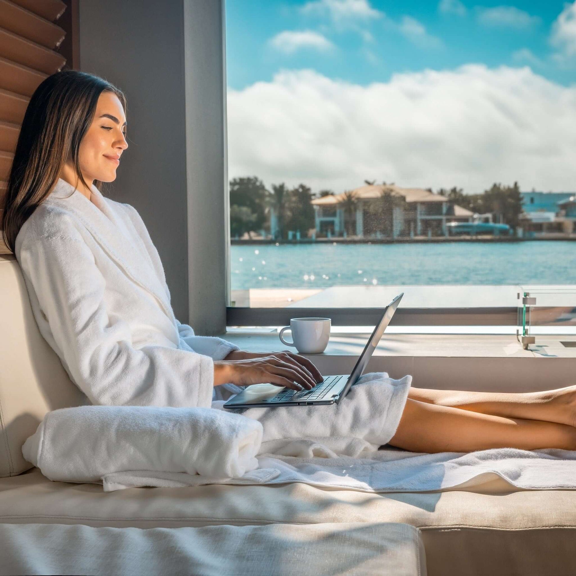 Woman in luxury organic bathrobe working on a laptop by the window with coffee, enjoying relaxation.