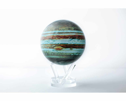 A self-rotating globe of Jupiter, featuring detailed bands of blue, brown, and orange, mounted on a clear acrylic stand.