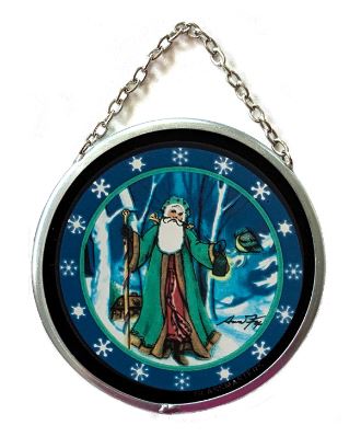 A 3-inch round stained glass ornament featuring a vintage illustration of Father Christmas with a sleigh, set against a blue background with snowflakes.