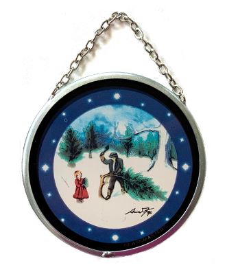A 3-inch round stained glass ornament featuring a classic winter tree cutting scene with a man, a girl, in a snowy field, with a blue night sky adorned with stars and a crescent moon.