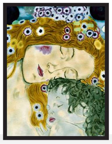 Stained glass window design featuring a mother embracing her child with floral patterns in the background.