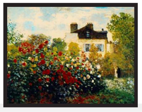 Stained glass window panel depicting Claude Monet's cottage with vibrant garden flowers in the foreground.