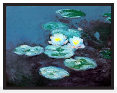 A stained glass window reproduction of Claude Monet's Water Lilies series featuring green lily pads and blue water.