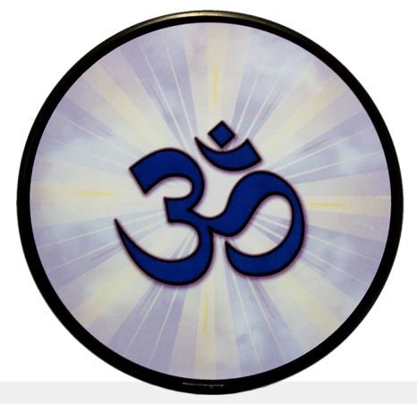 A round stained glass panel with a blue OM symbol in the center, set against a radiant light background.