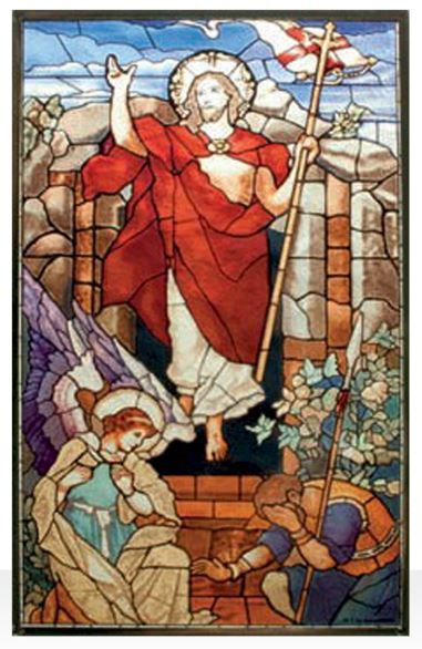 Stained glass window artwork depicting Jesus Christ above an empty tomb with a heavenly banner in one hand and a raised hand in benediction, surrounded by two angels.