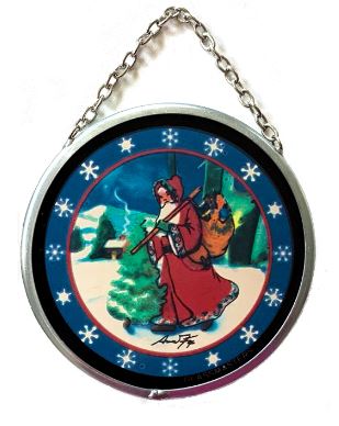 A round stained glass ornament featuring an illustration of Santa Claus with a Christmas tree, snowflakes, and a vintage winter scene.