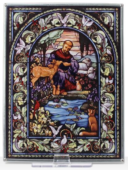 Stained glass window design featuring St. Francis of Assisi with a fawn, surrounded by birds and nature elements.