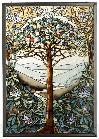 Stained glass window panel featuring the Tree of Life design with a central tree surrounded by floral patterns and a representation of a meadow.