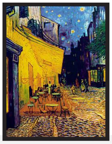 A stained glass window hanging depicting the scene of a cafe at night, with vibrant colors and people dining outdoors, based on the painting by Vincent Van Gogh.