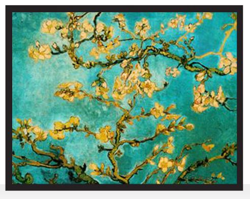 A stained glass window design featuring almond blossoms against a blue sky, based on a painting by Vincent Van Gogh.