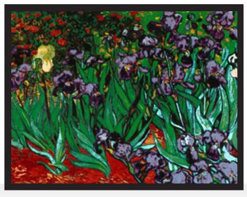 Stained glass window design inspired by Vincent van Gogh's painting 'Irises', featuring vibrant blues and green colors with floral motifs.