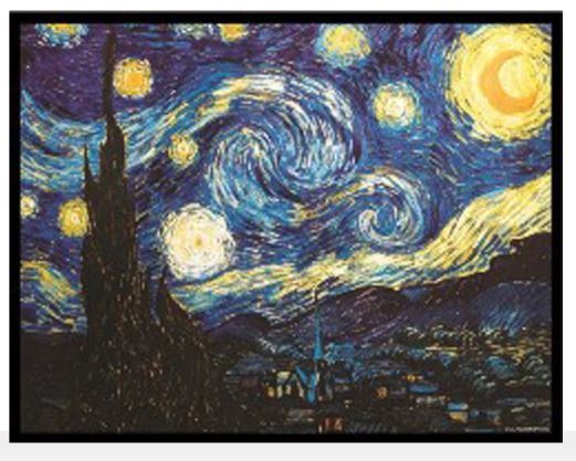 Stained glass window design depicting the famous painting 'Starry Night' by Vincent van Gogh, with swirling patterns and bold colors.