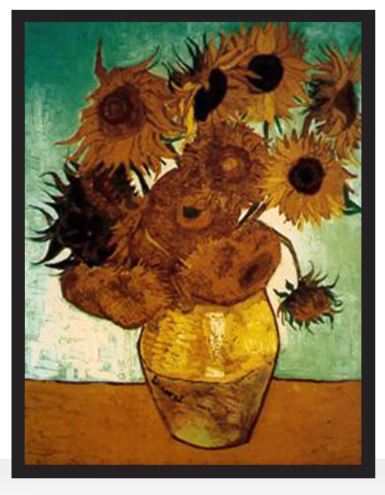 Stained glass window panel depicting a vase of sunflowers inspired by Van Gogh's painting.