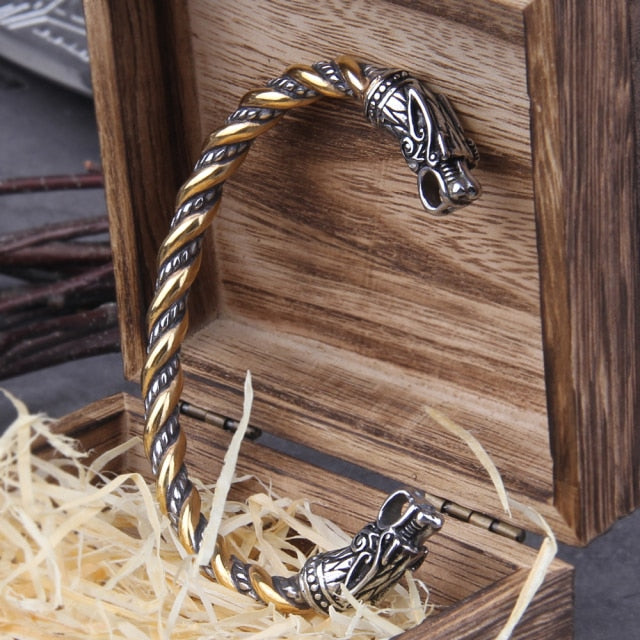 Stainless Steel Norse Viking Dragon Bracelet Men's Wristband with Viking Wooden Box