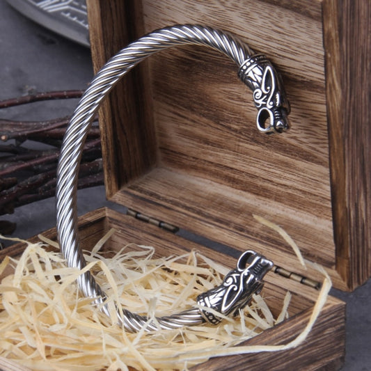 Stainless Steel Norse Viking Dragon Bracelet Men's Wristband with Viking Wooden Box