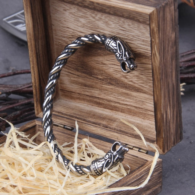 Stainless Steel Norse Viking Dragon Bracelet Men's Wristband with Viking Wooden Box