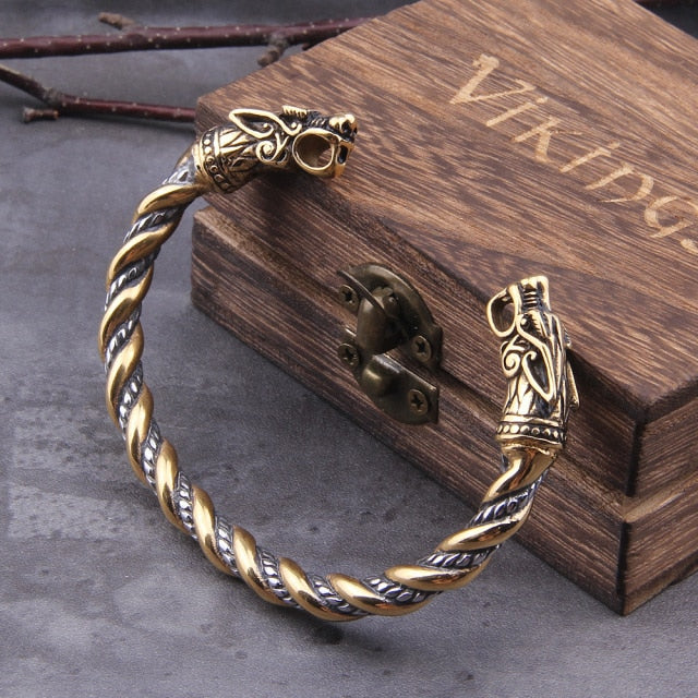 Stainless Steel Norse Viking Dragon Bracelet Men's Wristband with Viking Wooden Box