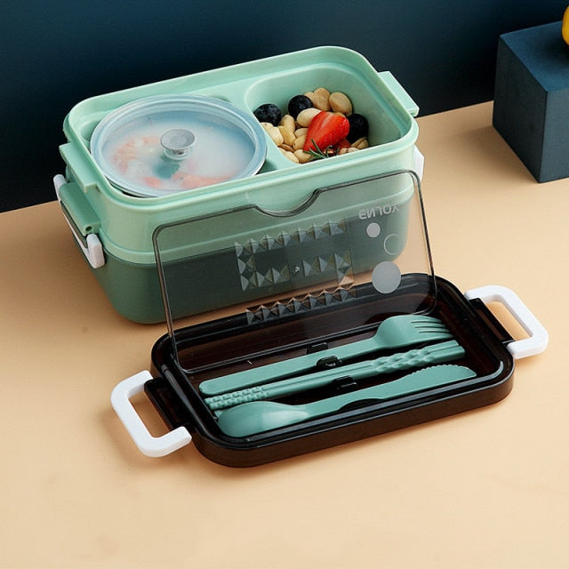 Double Layer Stainless Steel Lunch Box With Soup Bowl Leak-Proof Bento Box Dinnerware Set Microwave