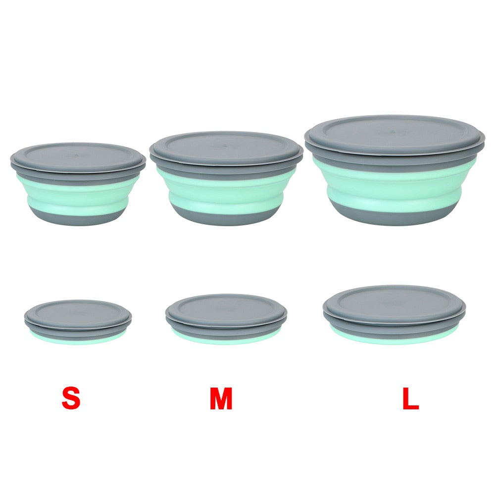 3Pcs/Set Silicone Folding Lunch Box with Lid Portable Picnic Camping Bowl Set Kitchen Tableware Kit Foldable Fruit Salad Bowl
