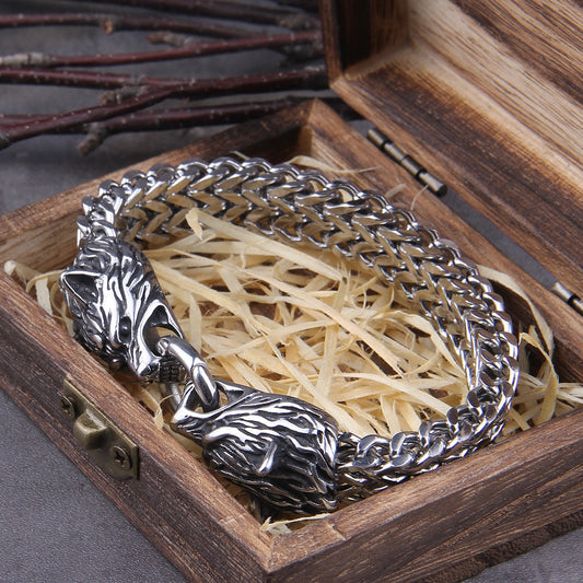 Never Fade Rock Viking Wolf Charm Bracelet Men's Stainless Steel Mesh Chain Bracelet