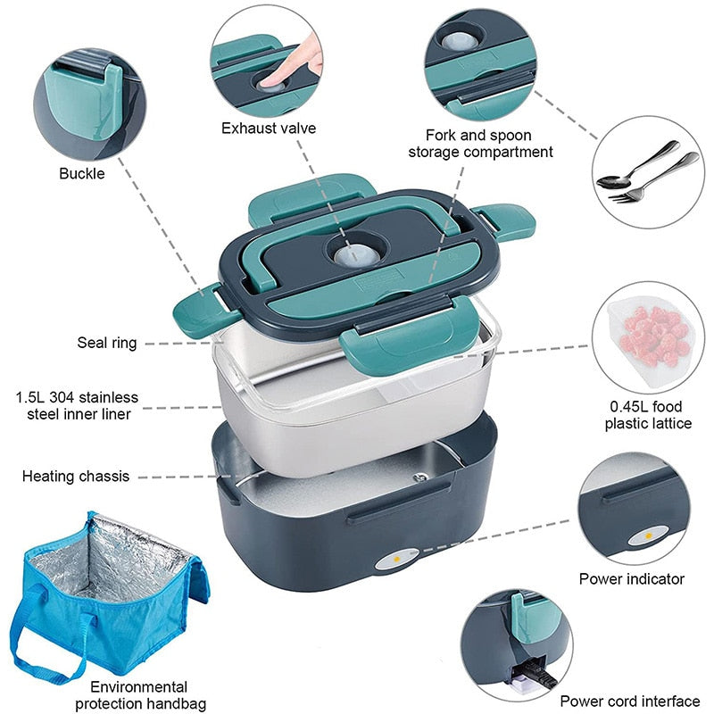 2 in 1 Home or Car Electric Lunch Box, Stainless Steel Food Heating Bento Box 12V 24V 110V 220V Food Heated Warmer Container Set