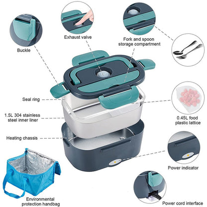 2 in 1 Home or Car Electric Lunch Box, Stainless Steel Food Heating Bento Box 12V 24V 110V 220V Food Heated Warmer Container Set