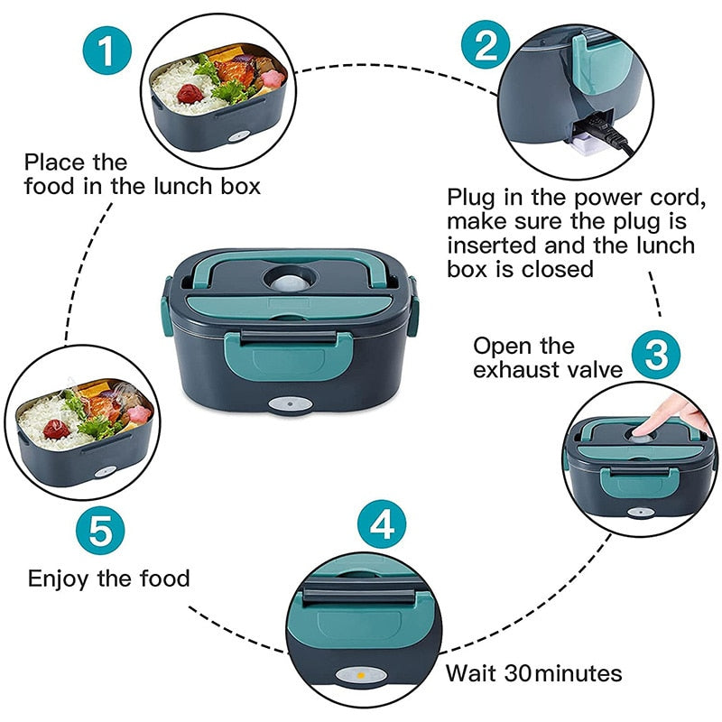 2 in 1 Home or Car Electric Lunch Box, Stainless Steel Food Heating Bento Box 12V 24V 110V 220V Food Heated Warmer Container Set