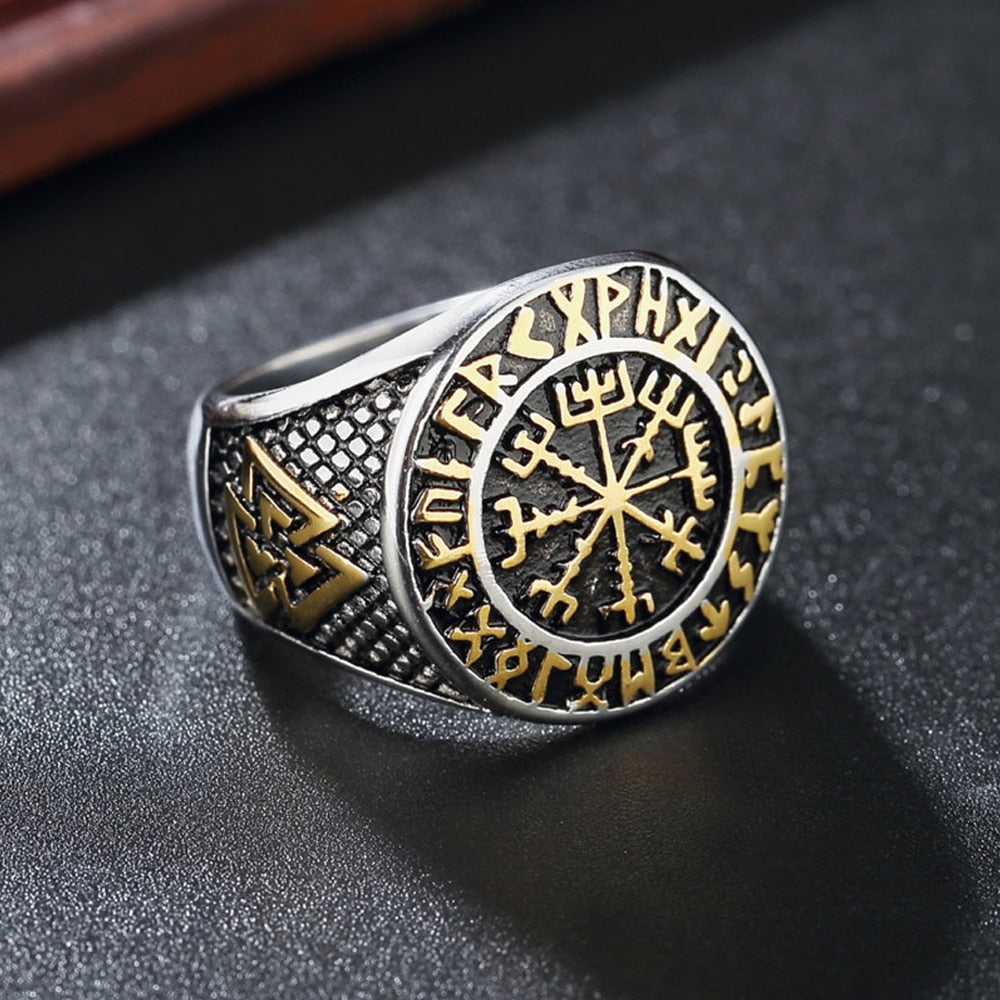 Vintage Viking Stainless Steel Compass Norse Runic Ring Men's Viking Valknut Ring