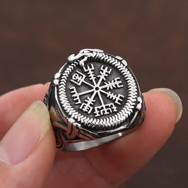 Vintage Viking Stainless Steel Compass Norse Runic Ring Men's Viking Valknut Ring