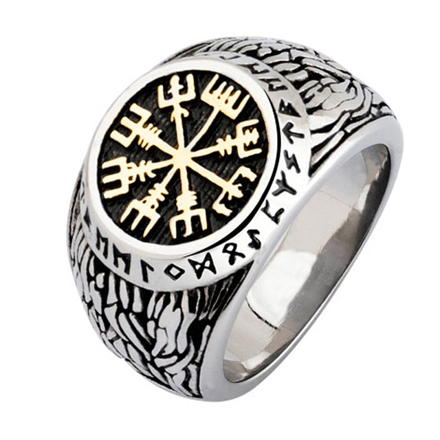 Vintage Viking Stainless Steel Compass Norse Runic Ring Men's Viking Valknut Ring