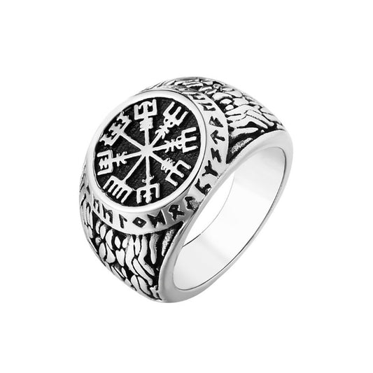 Vintage Viking Stainless Steel Compass Norse Runic Ring Men's Viking Valknut Ring