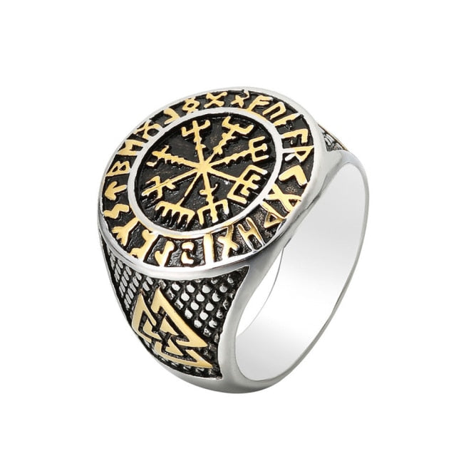 Vintage Viking Stainless Steel Compass Norse Runic Ring Men's Viking Valknut Ring