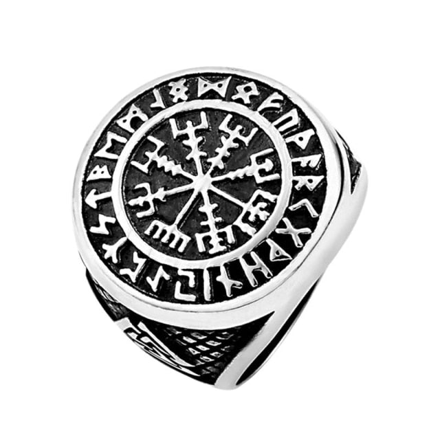 Vintage Viking Stainless Steel Compass Norse Runic Ring Men's Viking Valknut Ring