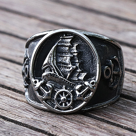 Pirate Sailboat Ring For Men 316L Stainless Steel Anchor Ring 3D Design